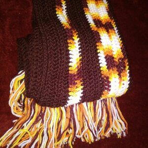 Handmade Chunky crochet Scarf Tassel trim Brown Orange White Warm and Soft